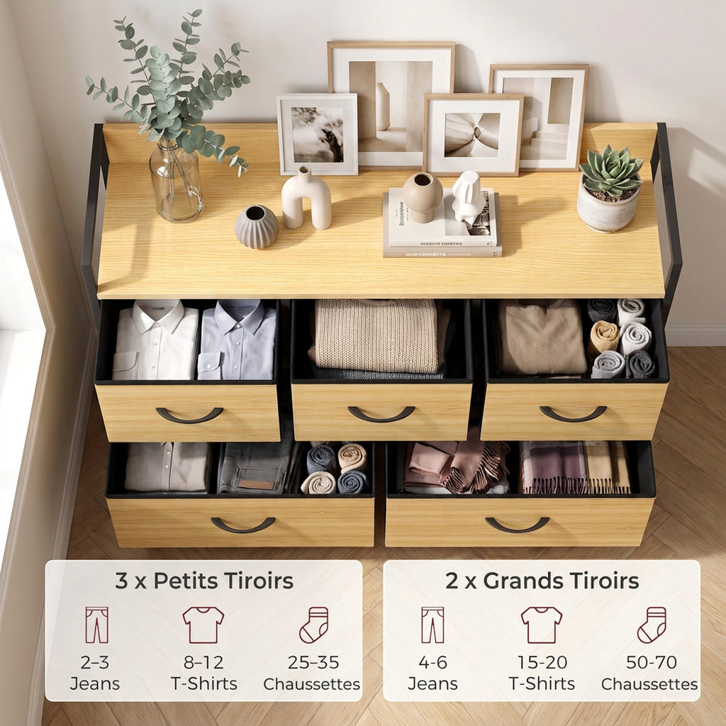 Commode, meuble de rangement avec 5 tiroirs en tissu pliables, plateau et cadre en acier, 98 x 29 x 63 cm, chêne-3