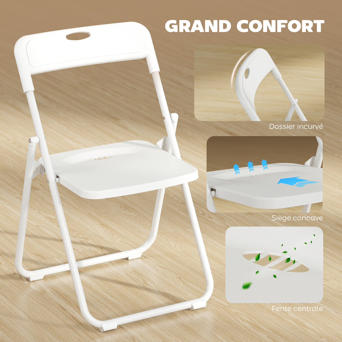 Lot de 6 chaises pliantes portables en plastique et acier, dossier incurvé, assise concave, 48,5 x 47 x 75 cm, blanc-3