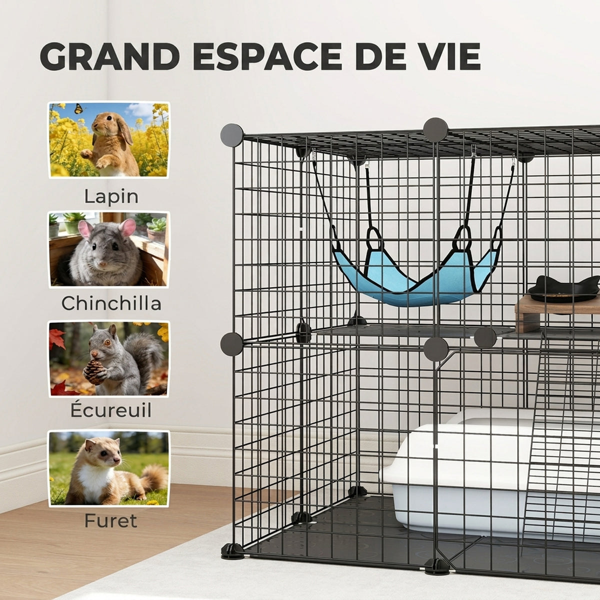 Cage Chat Intérieur Enclos Chat Modulable 2 Portes Hamac Échelle pour Petits Animaux de Compagnie 70x70x70cm Noir-6