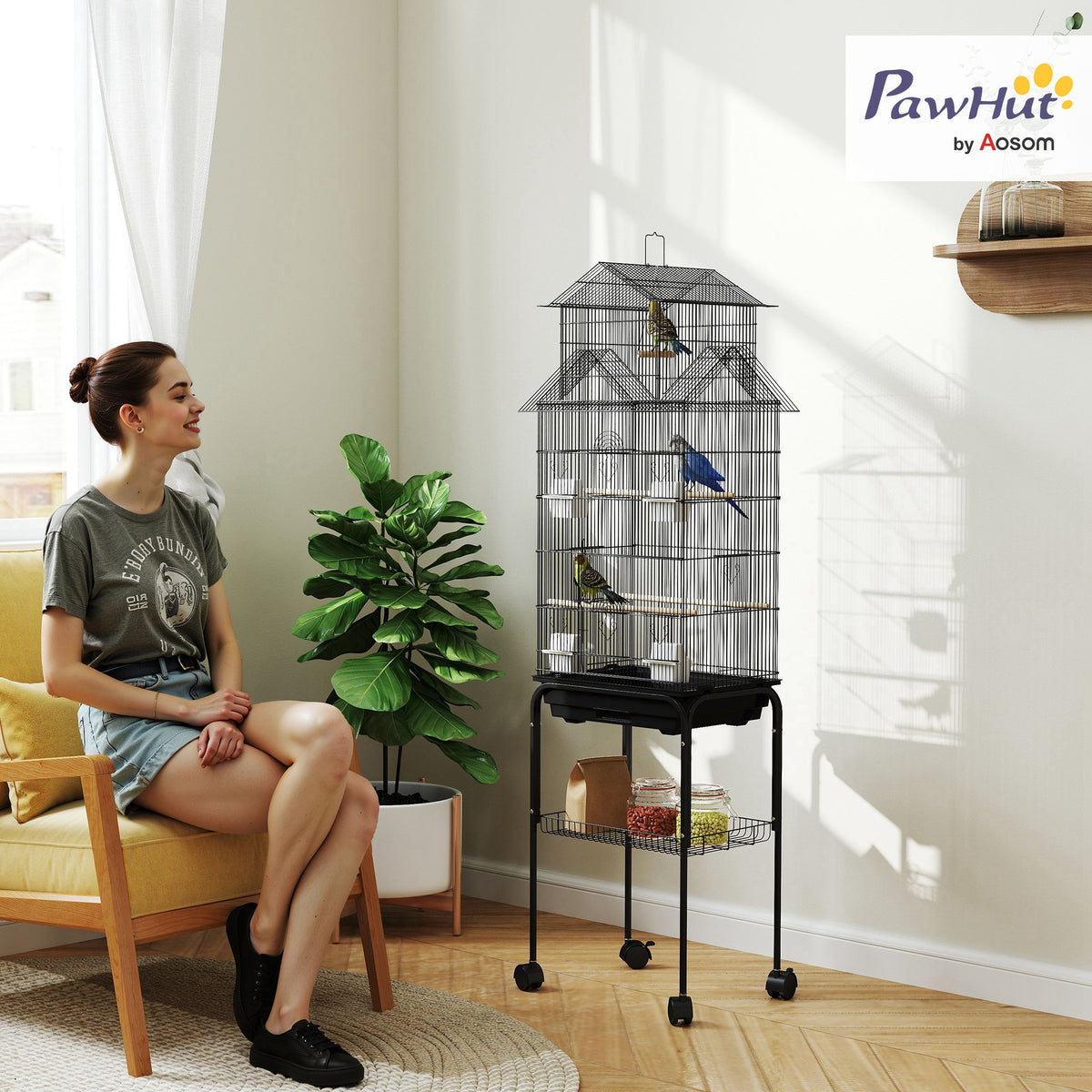 Cage à oiseaux sur pied, volière sur roulettes avec balançoire, support, design maison, 50,5 x 41 x 163 cm en acier noir-1