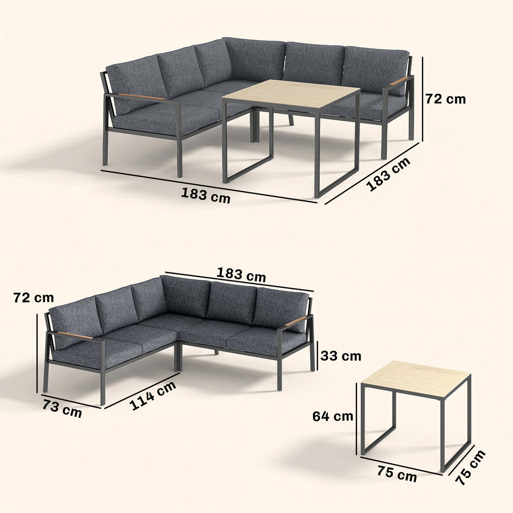 Salon de Jardin Extérieur 3 Pièces 5 Personnes, 2 Canapés avec Coussins Épais, 1 Table Basse, 183x183x72cm, Gris Foncé-2