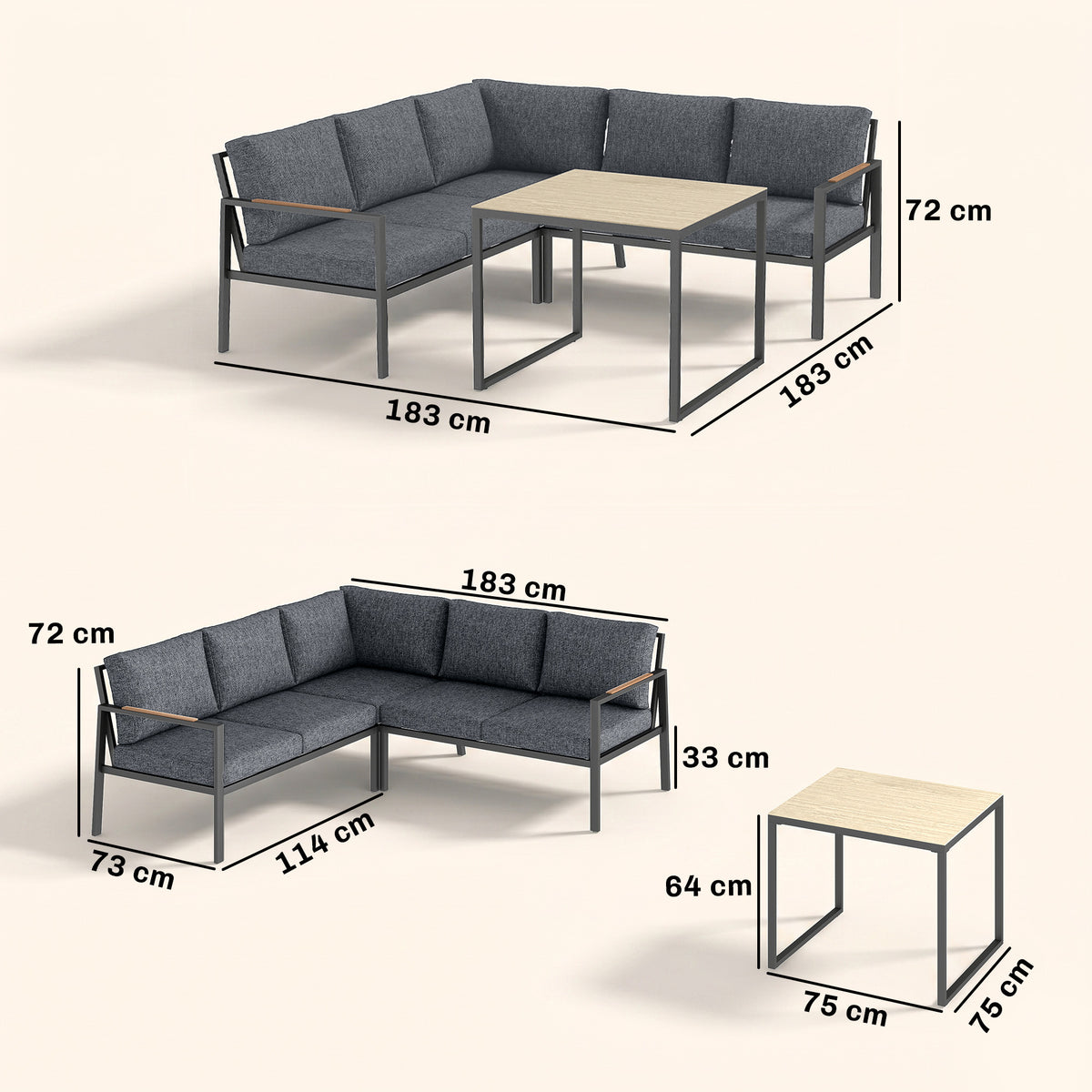 Salon de Jardin Extérieur 3 Pièces 5 Personnes, 2 Canapés avec Coussins Épais, 1 Table Basse, 183x183x72cm, Gris Foncé-2
