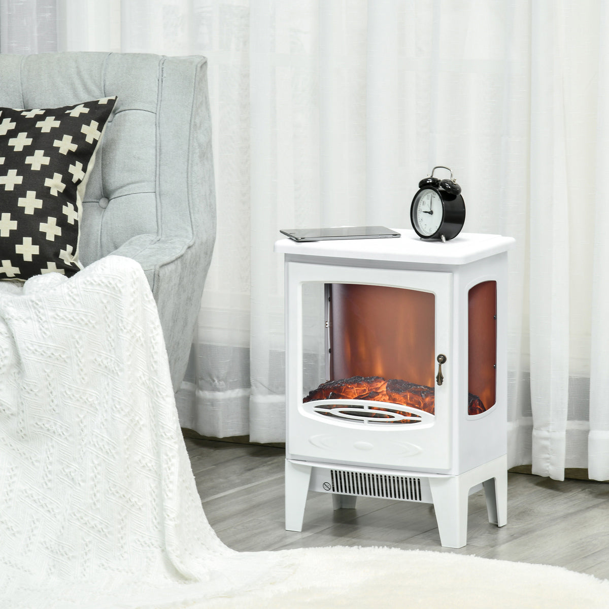 Cheminée électrique poêle Style néo-rétro 900-1800 W Simulation Flammes LED luminosité réglable Acier ABS Blanc-1