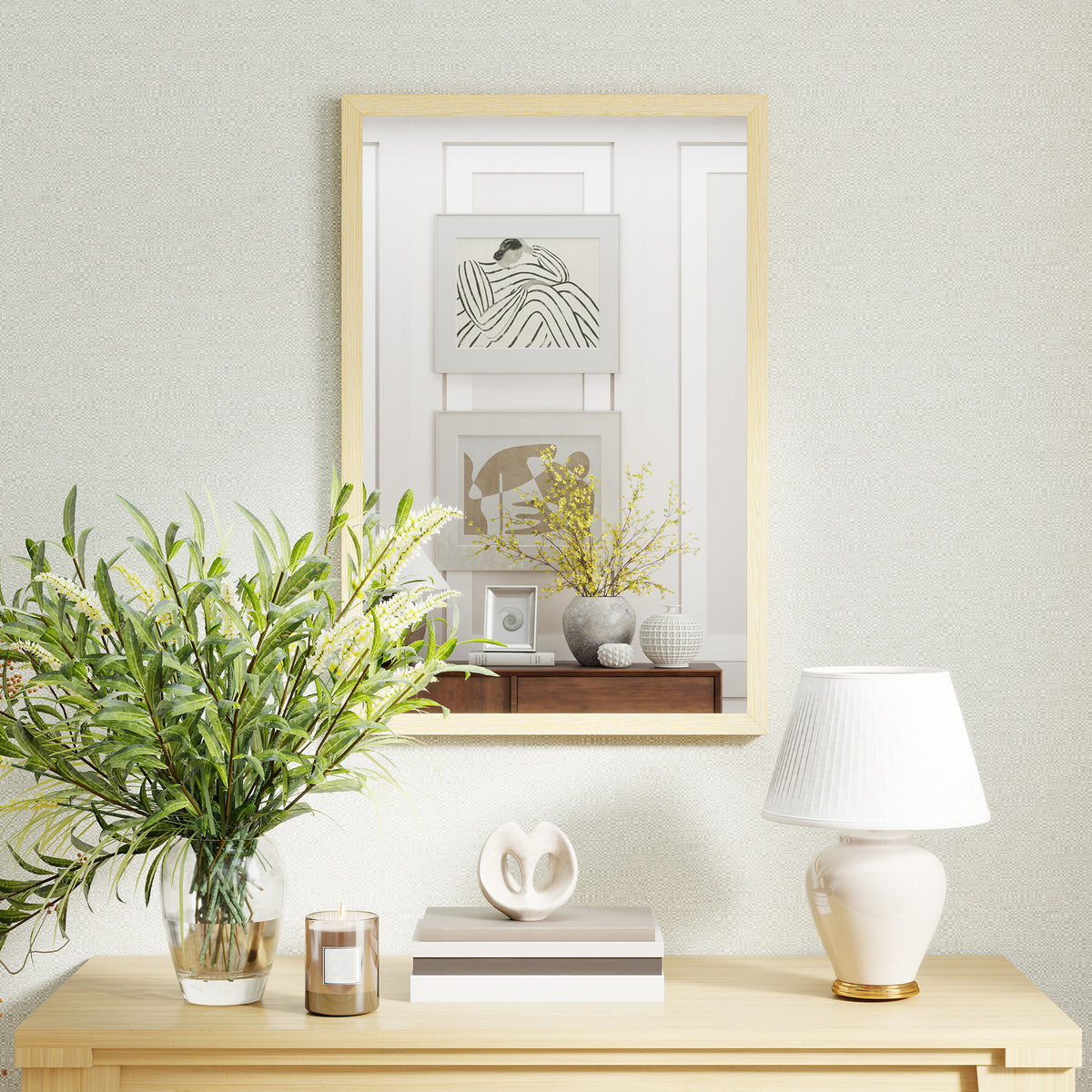 Miroir mural rectangulaire 60 x 40 cm, cadre en bois naturel, idéal pour la salle de bain, salon ou chambre-1