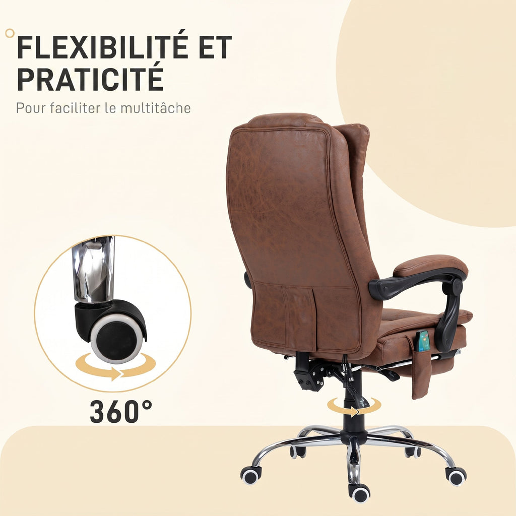 Fauteuil de bureau massant et chauffant avec hauteur réglable, dossier inclinable, repose-pied et télécommande, marron-5