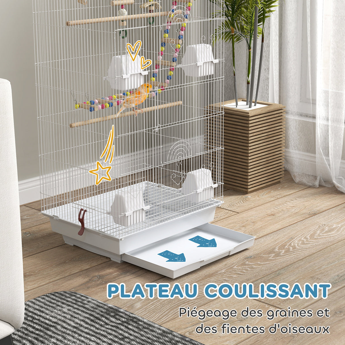 Cage à oiseaux 46 x 36 x 100 cm 4 mangeoires 3 perchoirs cage pour perruche calopsitte conure pinson canaris-4