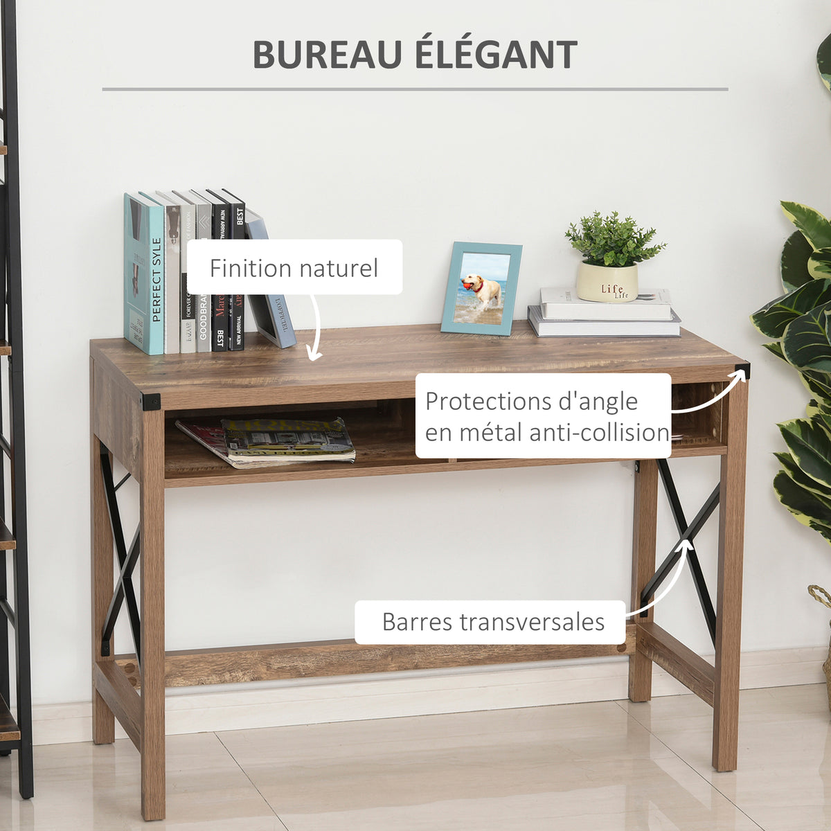 Bureau Design Industriel Grand Plateau 2 niches métal Noir Panneaux Particules Imitation Bois veinage Marron-3