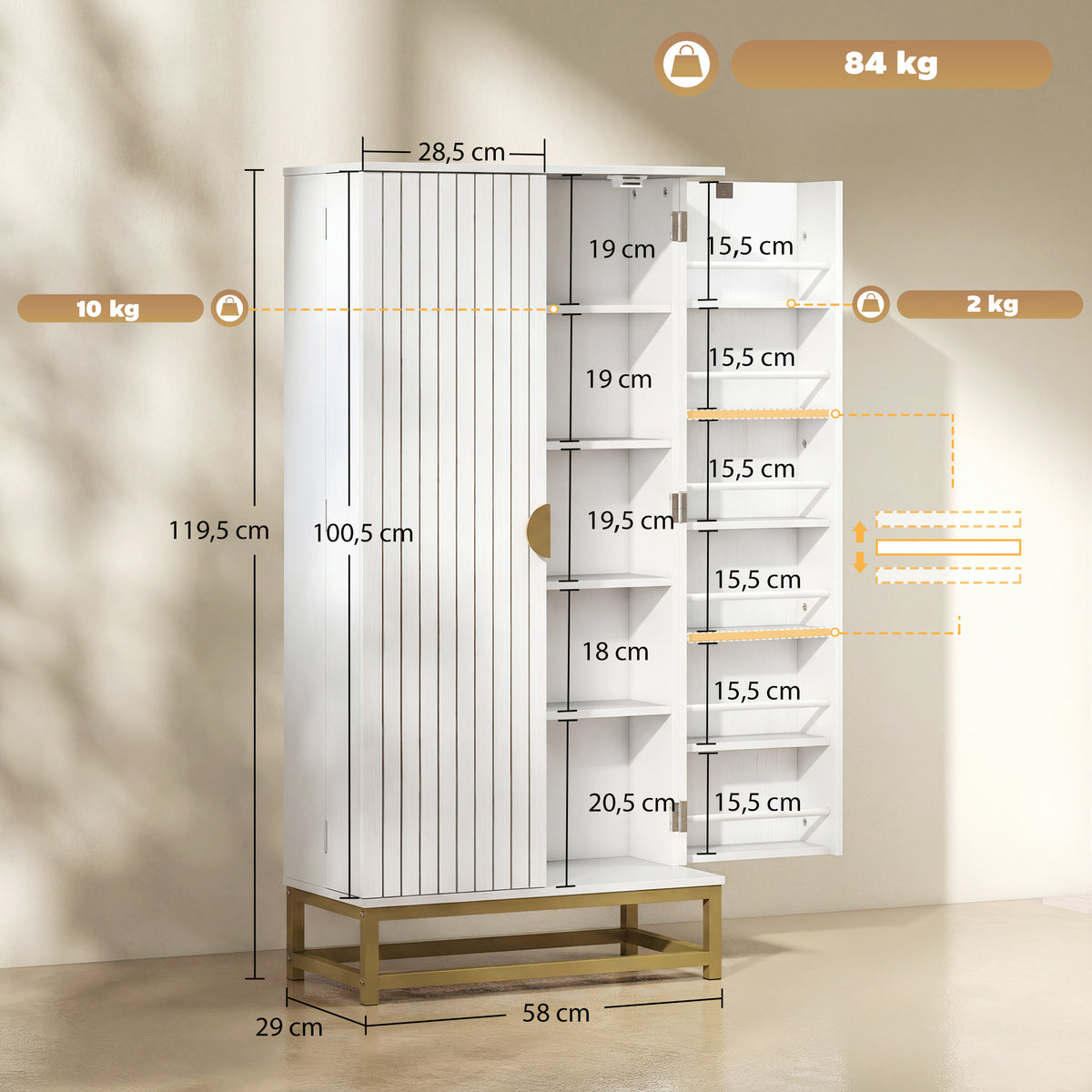 Armoire de cuisine meuble cuisine rangement avec 12 étagères à portes, étagères ajustables, 58x29x119,5cm, blanc-2