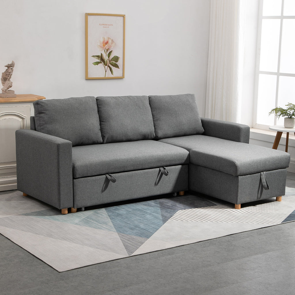 Canapé d'angle convertible canapé lit canapé 3 places modulable avec méridienne réversible, coffre de rangement intégré et 3 coussins de dossier, tissu aspect lin, gris-1