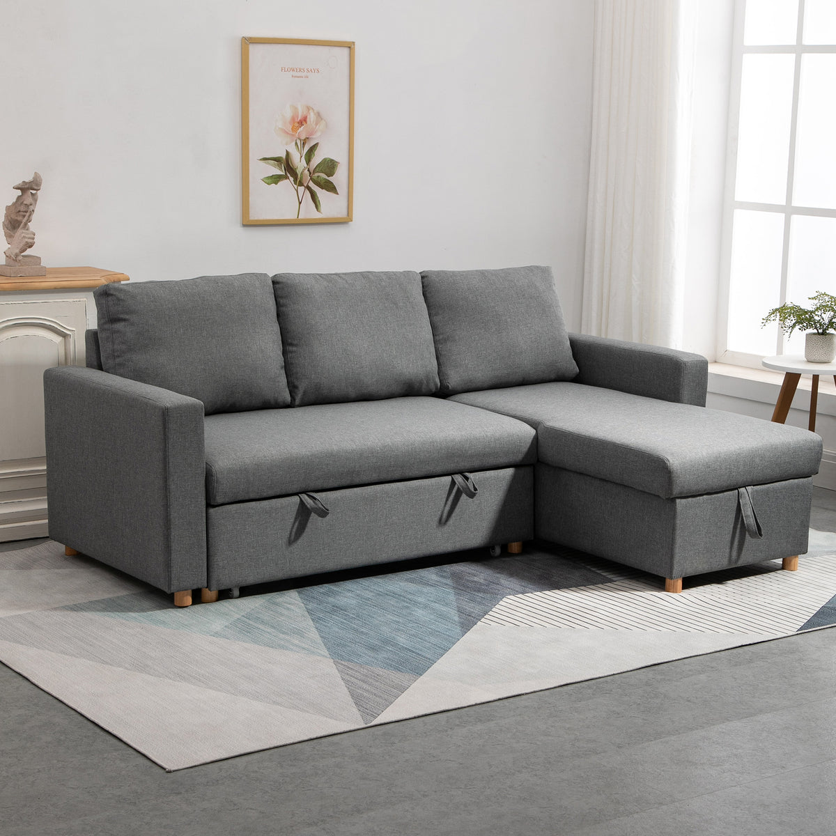 Canapé d'angle convertible canapé lit canapé 3 places modulable avec méridienne réversible, coffre de rangement intégré et 3 coussins de dossier, tissu aspect lin, gris-1