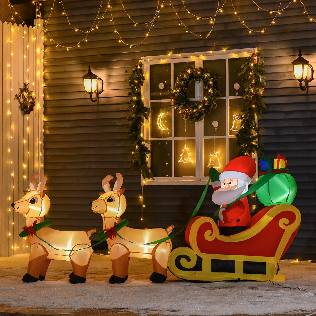Père Noël Gonflable LED dim. 240L x 57l x 112H cm avec traîneau, Rennes, hotte 6 LED Polyester imperméable-9