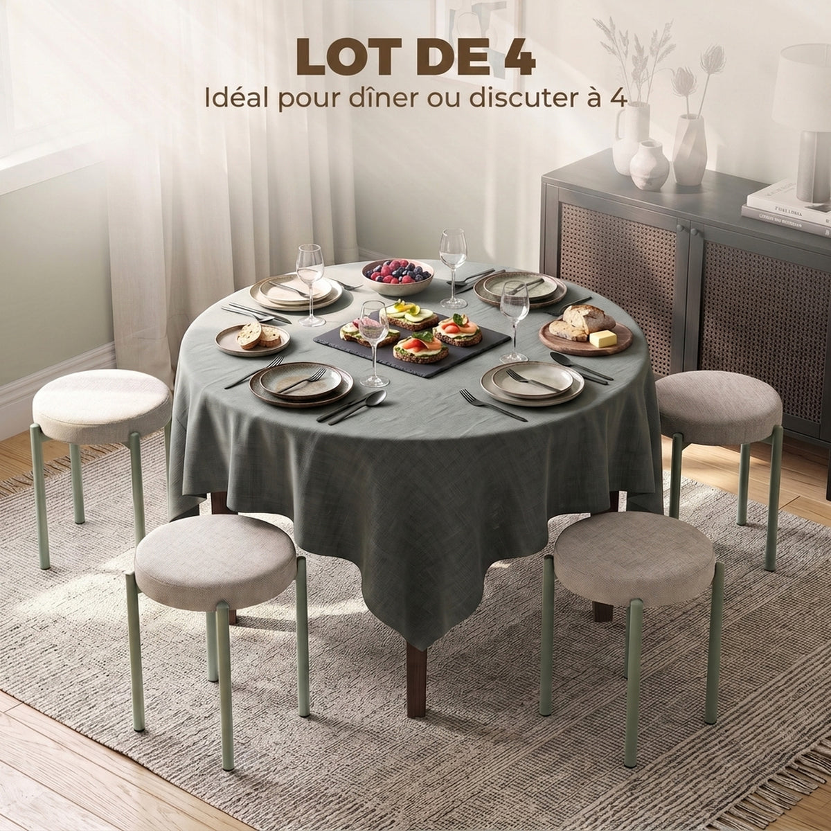 Lot de 4 Tabourets Empilables Ronds avec Assise Rembourrée, sans Dossier, Gain de Place, 45 x 45 x 47,5 cm, Marron Cair-3