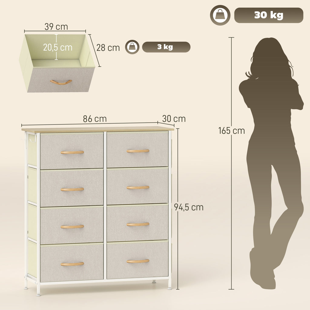 Commode 8 tiroirs en tissu, meuble de rangement avec 4 poches, 2 crochets, structure en acier, 86 x 30 x 94,5 cm, beige-2