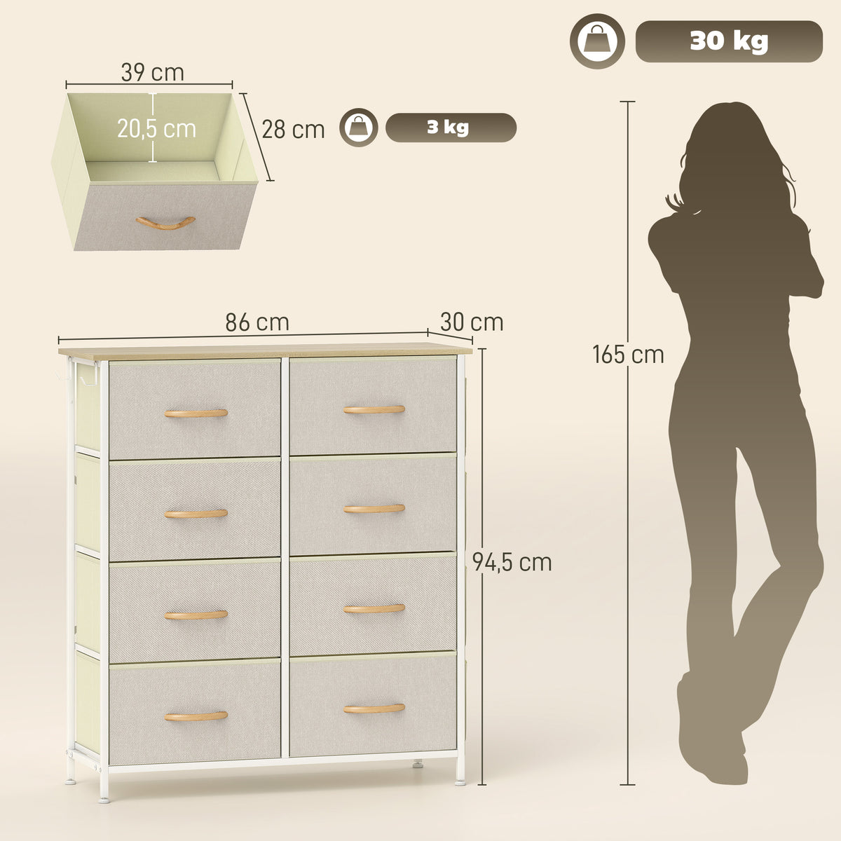 Commode 8 tiroirs en tissu, meuble de rangement avec 4 poches, 2 crochets, structure en acier, 86 x 30 x 94,5 cm, beige-2