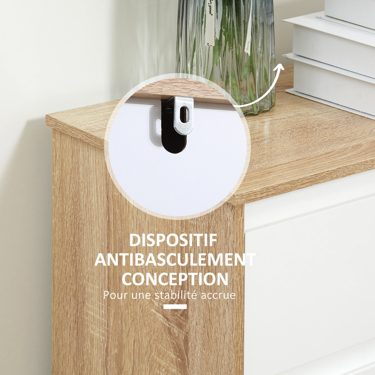 Meuble de salle de bain, meuble de rangement, tiroir et placard double porte, 60x30x90cm, blanc et effet bois naturel-3