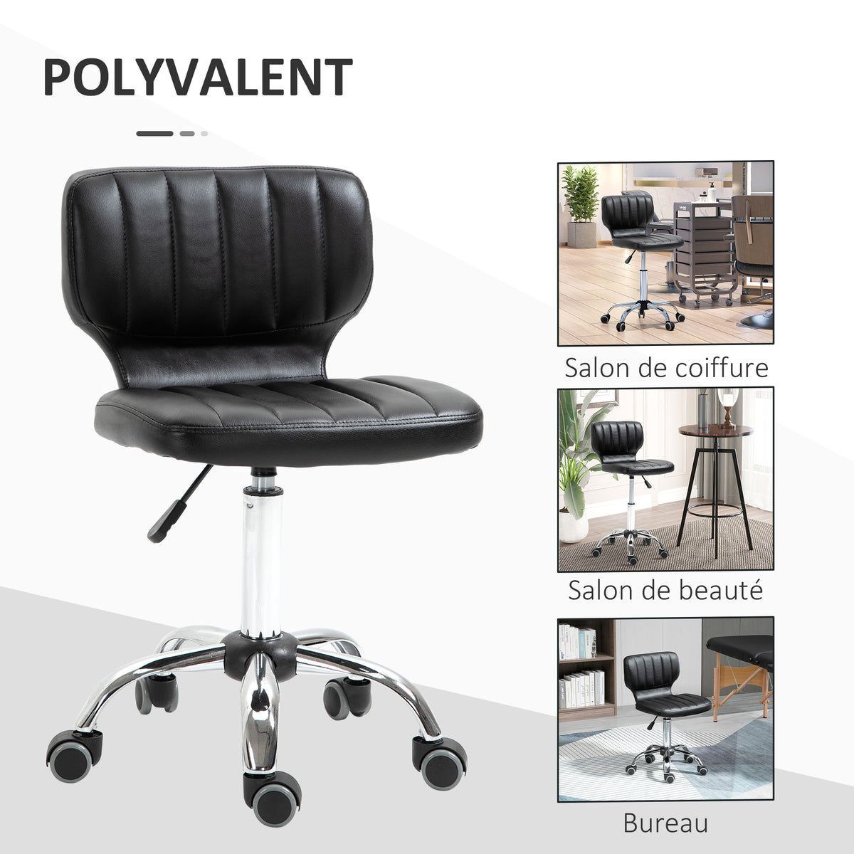 Tabouret à roulettes - tabouret de travail pivotant 360° -  - tabouret ergonomique - hauteur assise réglable 47-62 cm - revêtement synthétique matelassé noir métal chromé-6