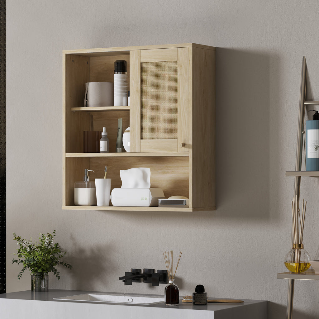 Armoire murale, meuble haut salle de bain avec porte coulissante en rotin et étagères ouvertes, bois naturel-9