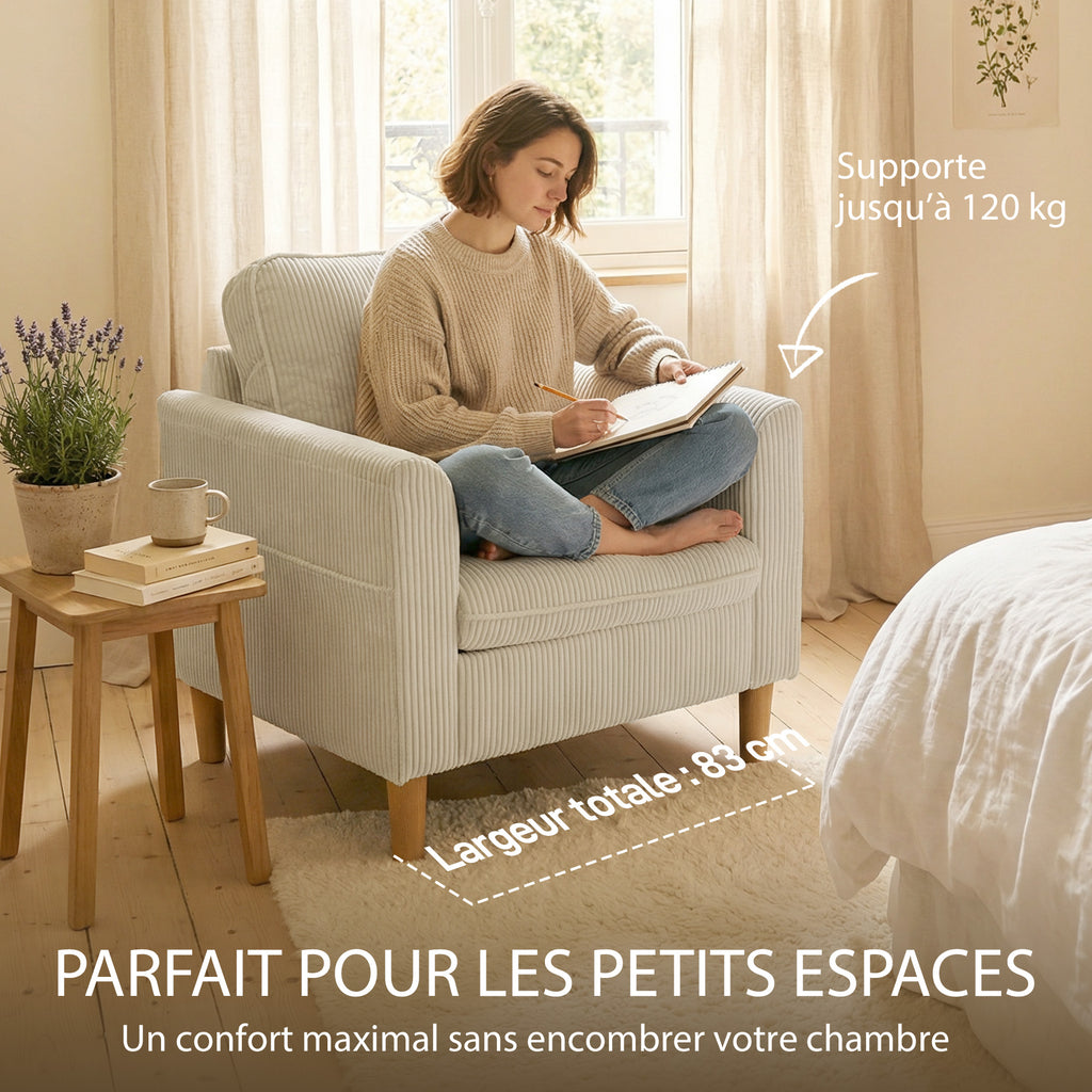 Fauteuil de salon en velours côtelé, canapé 1 place rembourré avec assise large et coussin à ressorts, 83x74x87cm, beige-5