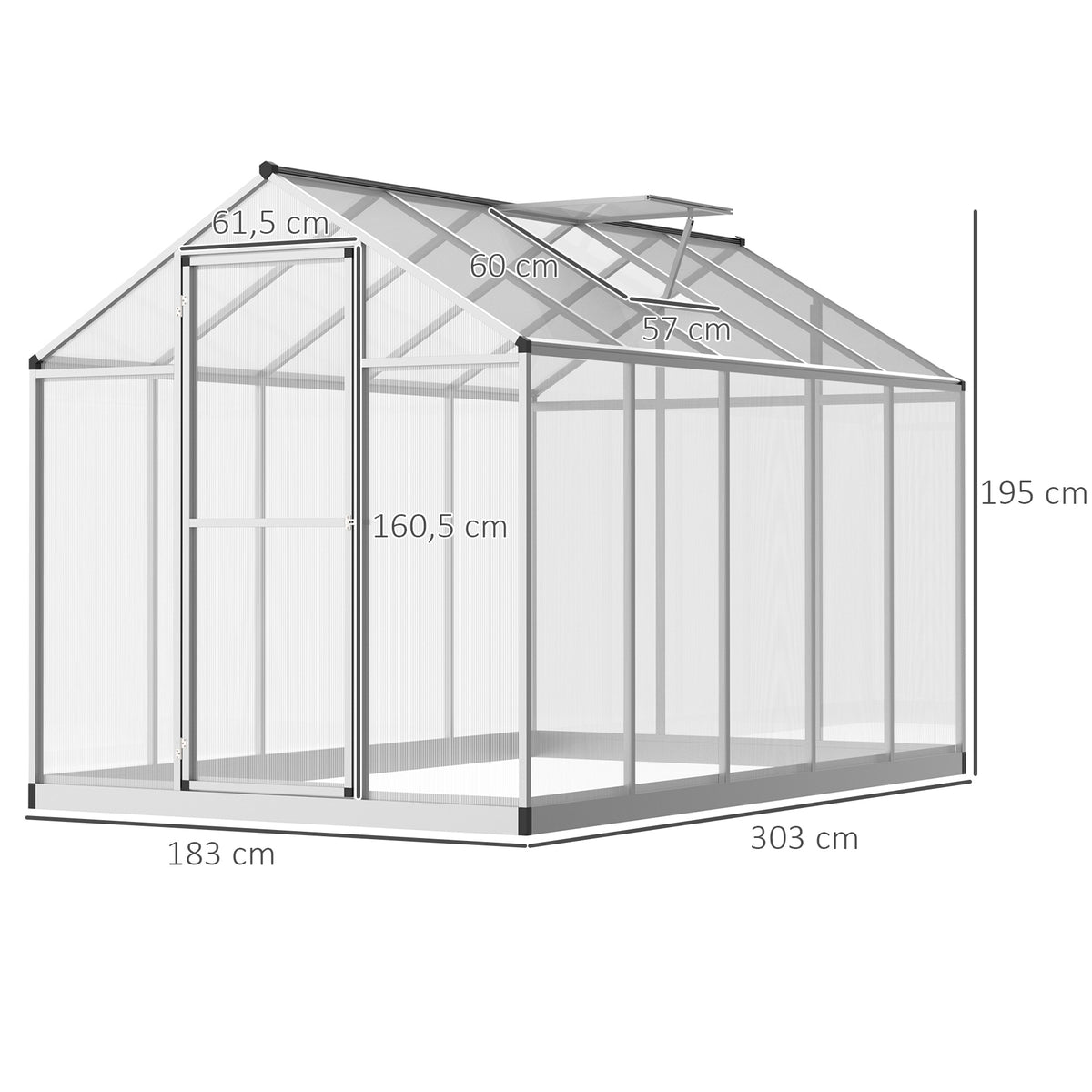 Serre de jardin en aluminium polycarbonate, serre avec fenêtres supérieures réglables, porte battante, abri extérieur résistant aux intempéries pour plante fleur, 303x183x195 cm, transparent-2