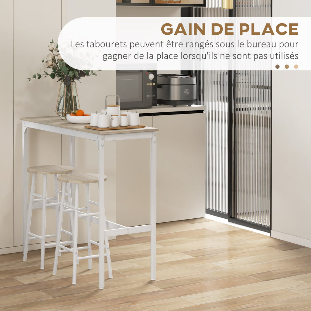 Ensemble table haute de bar + 2 tabourets structure en acier plateau aspect bois naturel 2 personnes blanc-4
