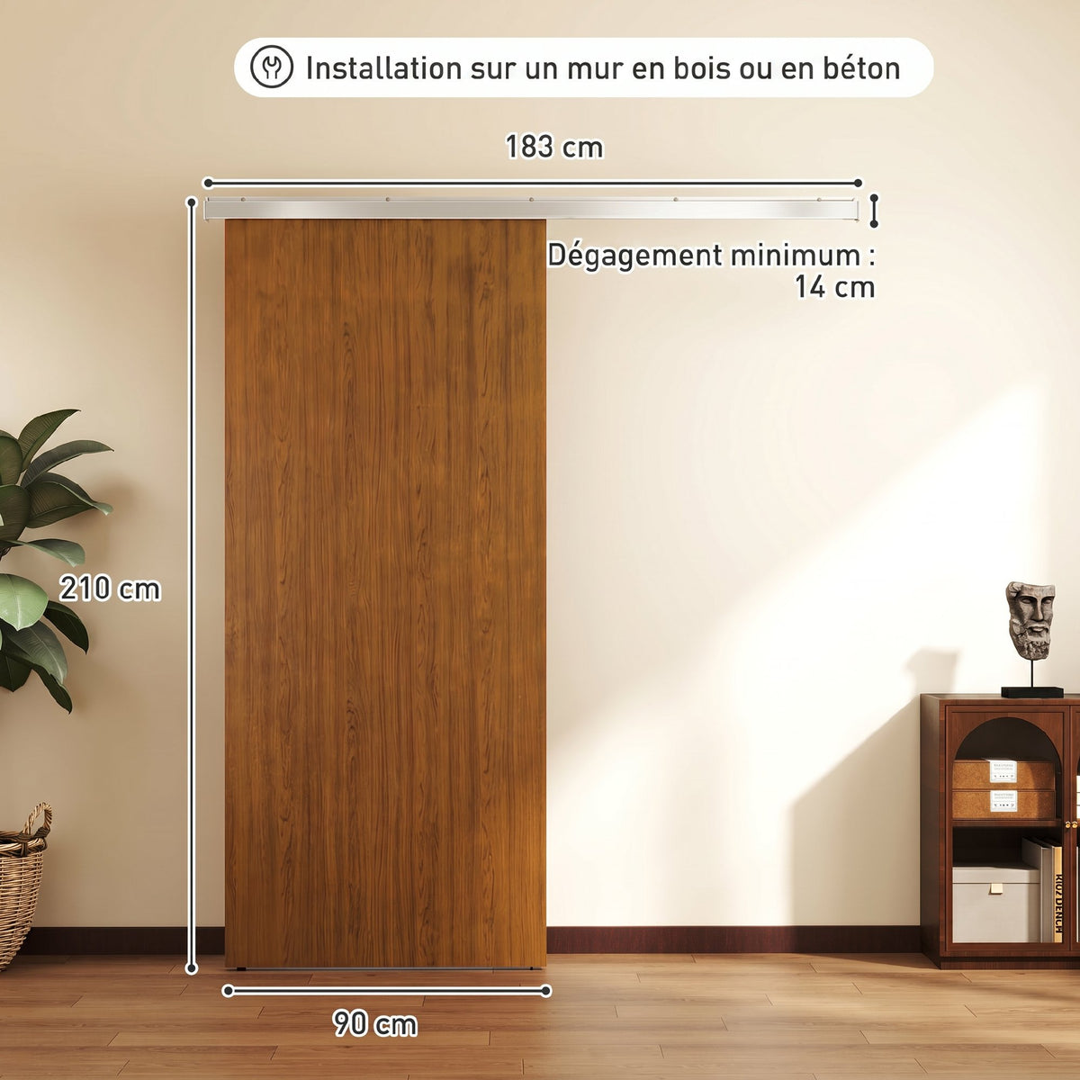 Porte Coulissante 90 x 210 cm Porte avec Kit de Quincaillerie Moderne Rail Silencieux Surface en PVC Imperméable Marron-2