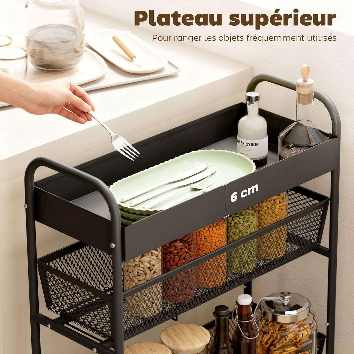 Chariot de rangement à 4 niveaux, desserte à roulettes, 3 paniers coulissants, panier supérieur 19 x 43,2 x 80 cm noir-4