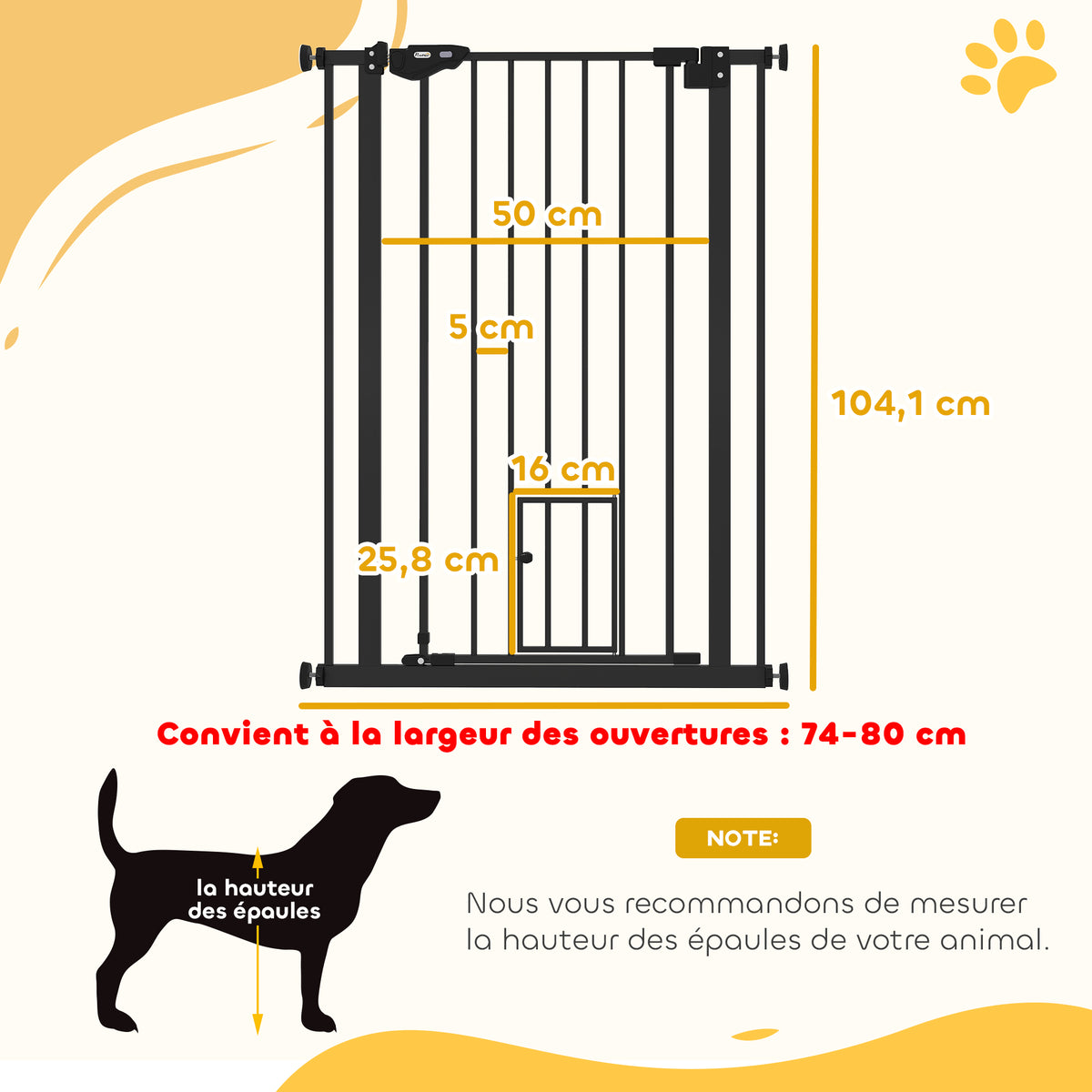 Barrière de sécurité animaux de 104H cm conception haute avec porte chat fermeture automatique système de double verrouillage sans percage de 74 à 80 cm acier noir-2