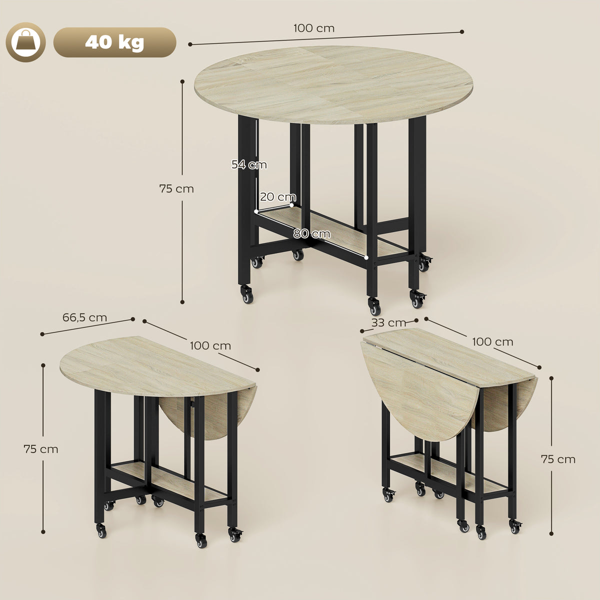 Table à Manger Pliante sur Roulettes, Table de Cuisine pour 4 Personnes, Étagère Intégrée, 100 x 100 x 75 cm, Naturel-2