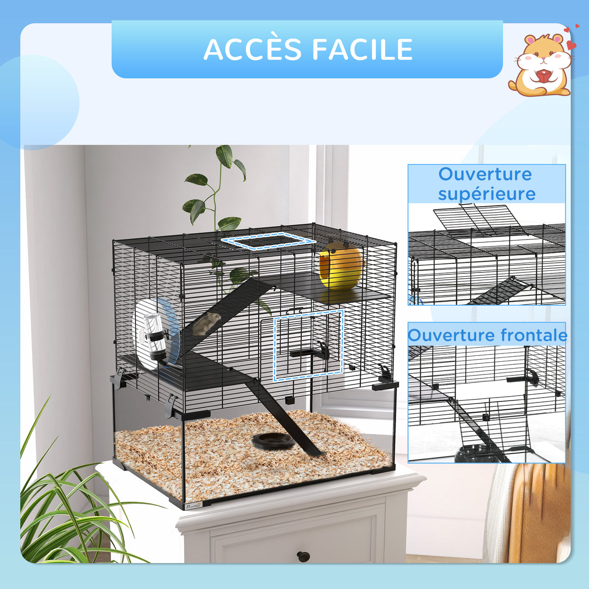 Cage hamster cage rongeur 3 niveaux avec roue rampes maisonnette abreuvoir mangeoire 60L x 40l x 54,5H cm noir-6