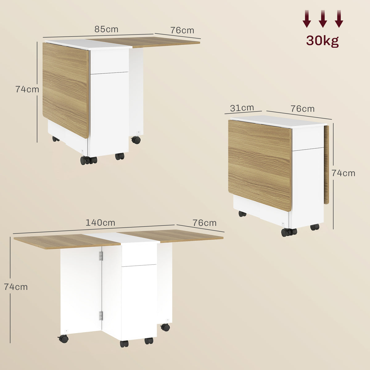 Table à manger pliable pour 6 personnes, table de cuisine sur roulettes avec 2 tiroirs 2 placards, 140x76x74cm, blanc-2