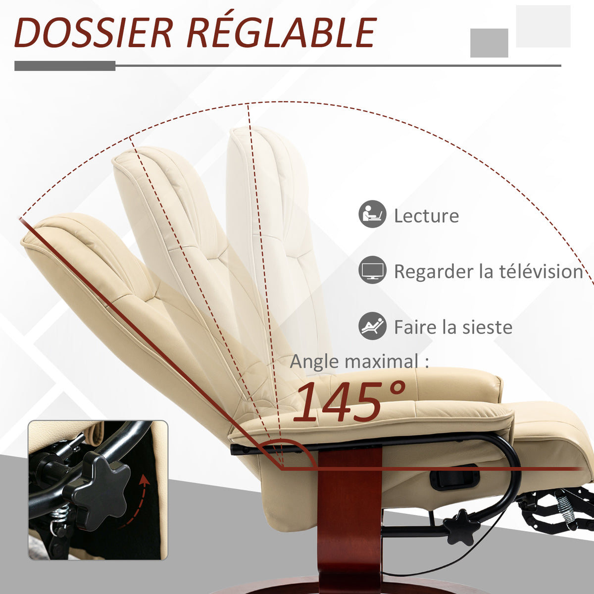 Fauteuil relax inclinable repose-pieds réglable pivotant 360° piètement bois revêtement PU respirant et doux crème-3