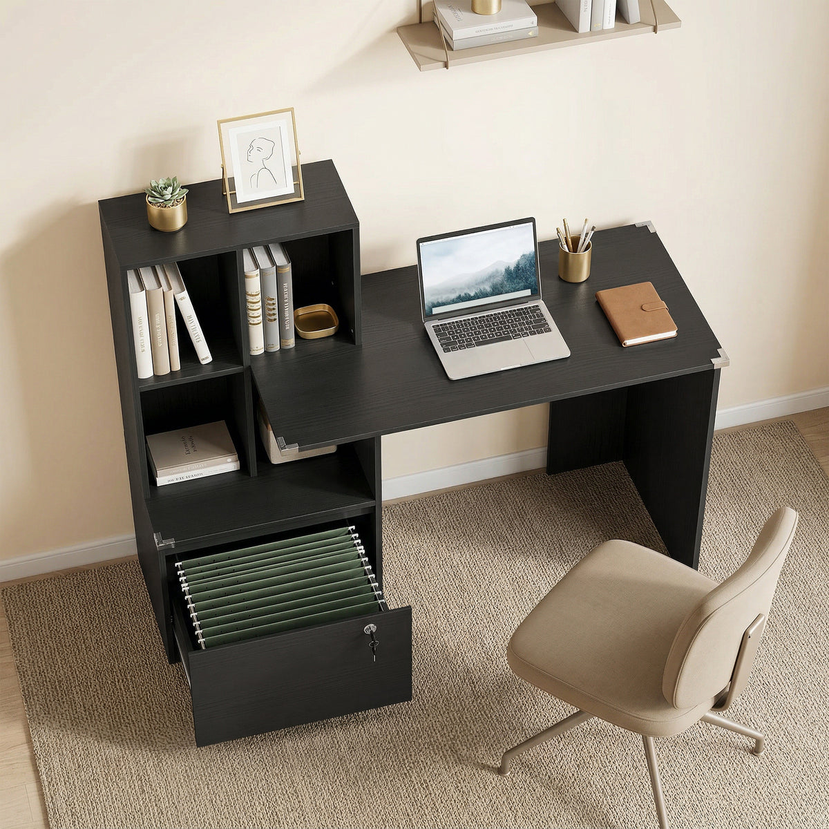 Bureau d'ordinateur avec bibliothèque 4 compartiments et tiroir verrouillable, 126 x 50 x 109 cm, noir-9