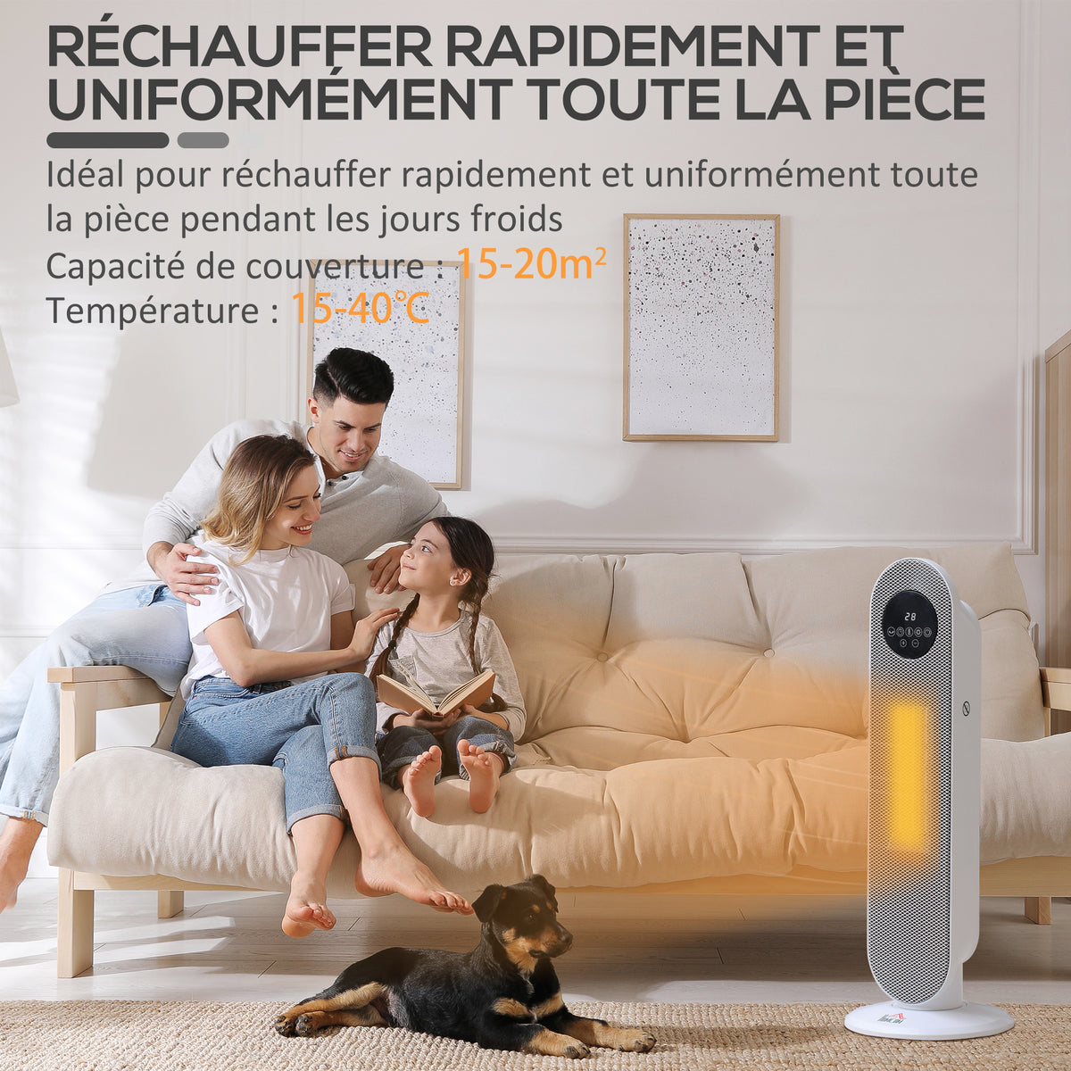 Chauffage d'appoint Radiateur soufflant Radiateur céramique oscillant 15-40°C avec Télécommande 1300/2000W, 21 x 21 x 63,5 cm-3
