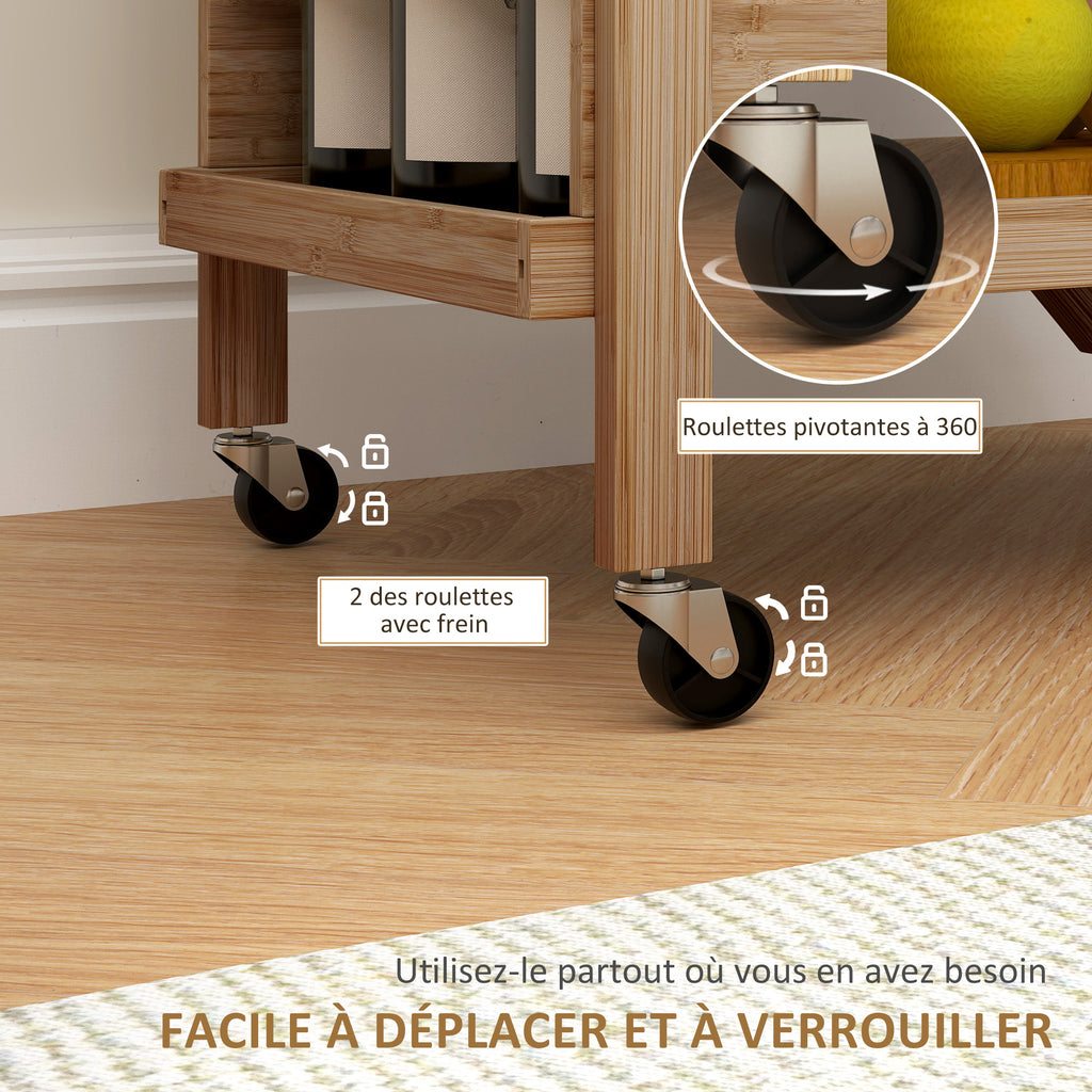 Desserte de cuisine en bambou chariot de service pliable 2 plateaux 4 roues 3 casiers à vin 66 x 40 x 70 cm bois naturel-5