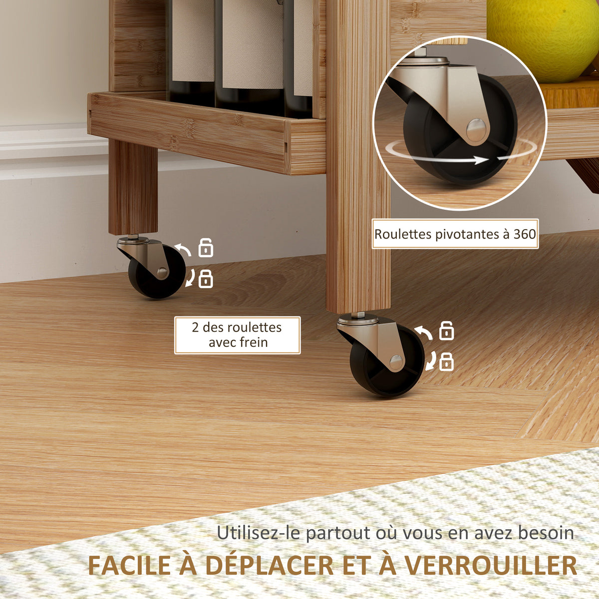 Desserte de cuisine en bambou chariot de service pliable 2 plateaux 4 roues 3 casiers à vin 66 x 40 x 70 cm bois naturel-5