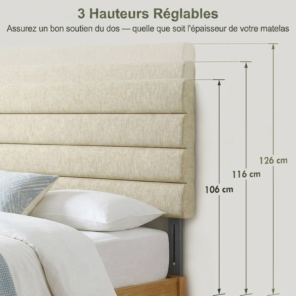 Tête de Lit Capitonnée, Hauteur Ajustable en 3 Niveaux avec Pieds en Métal pour Chambre, 140 x 10 x 106/116/126 cm Beige-4