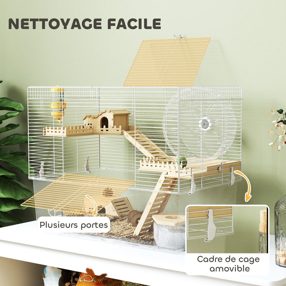 Cage à hamster à 3 niveaux, cage rongeur avec roue d'exercice, plateau profond transparent, 59 x 35,5 x 47 cm, blanc-4