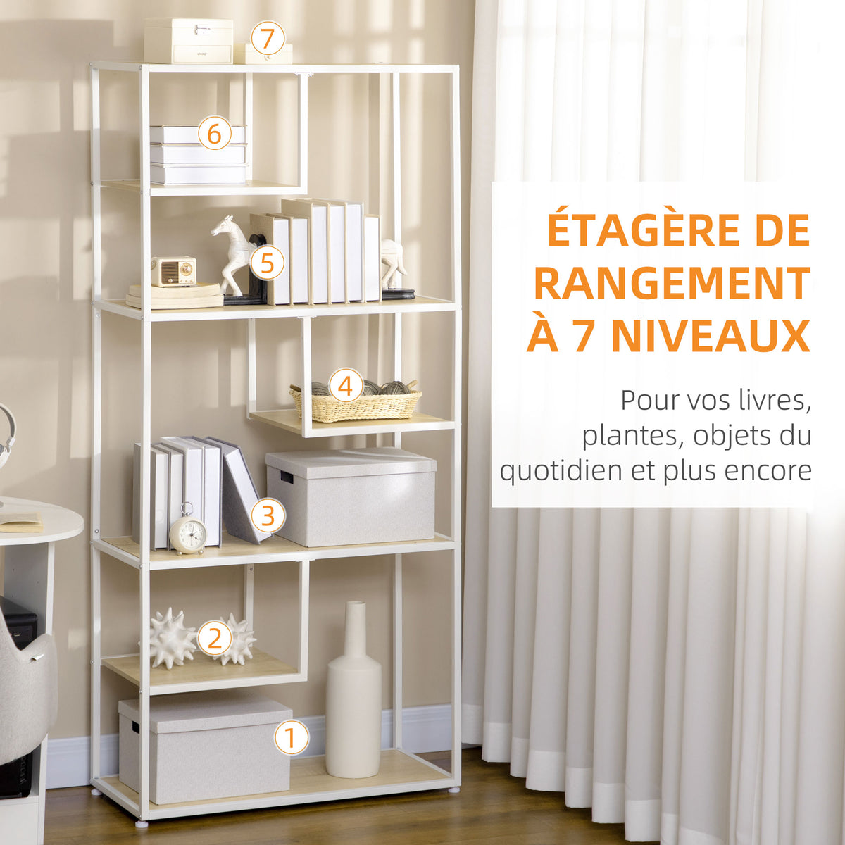 Bibliothèque étagère de rangement à 7 niveaux cadre en acier style industriel 83 x 34 x 180 cm chêne-4