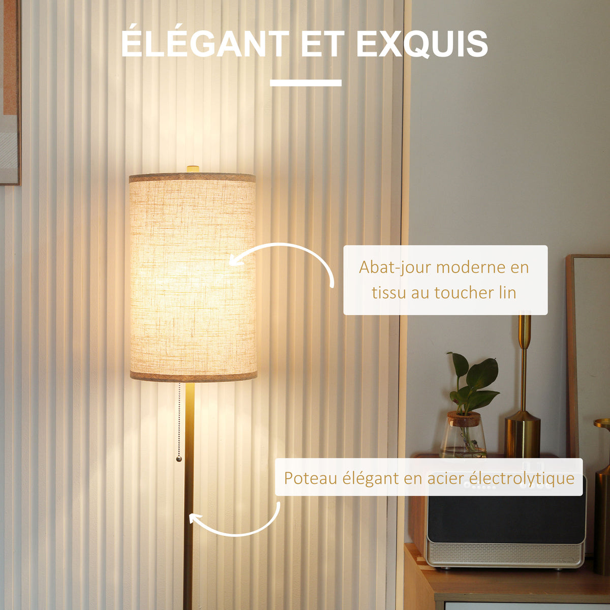 Lampadaire design 40 W max. piètement mât acier doré abat-jour lin crème dim. 25,5 x 25,5 x 157 cm doré et beige-3