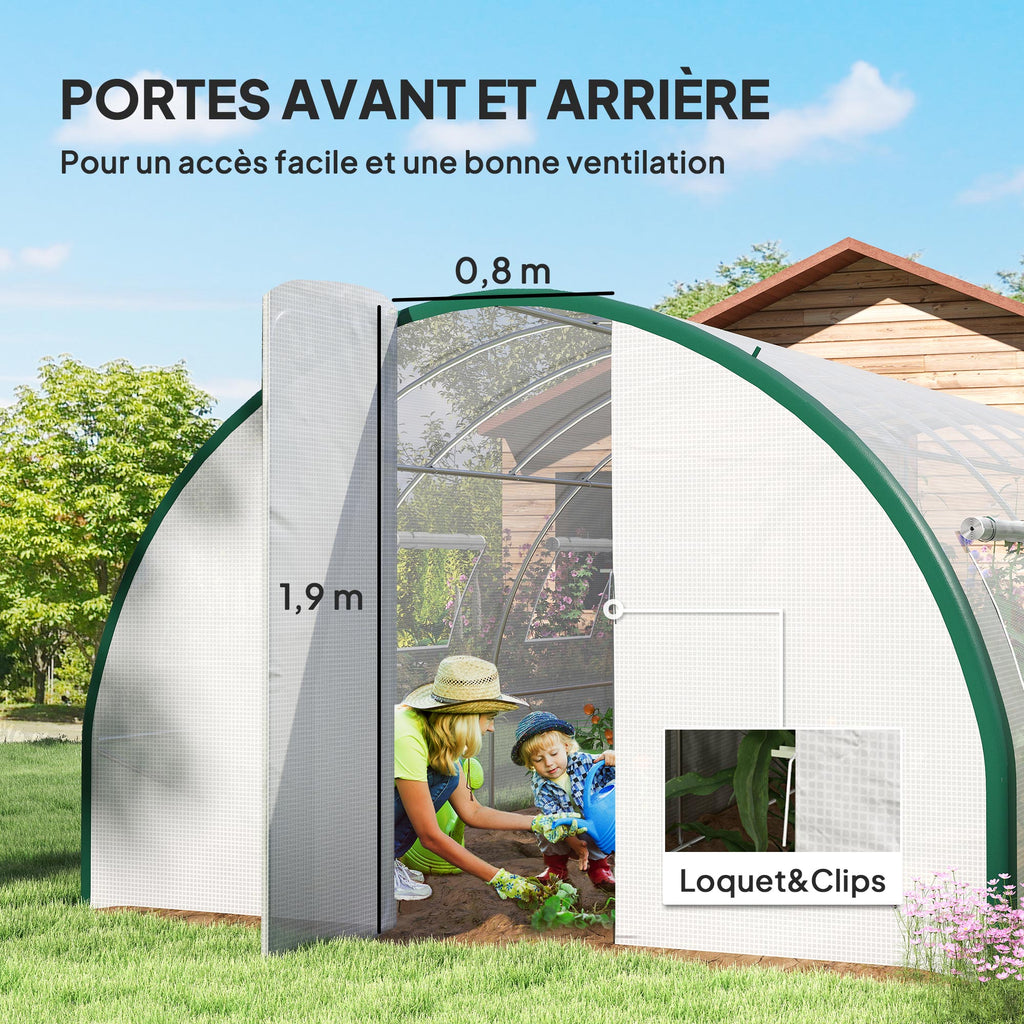 Serre tunnel de jardin 18m², serre de jardin tunnel avec portes et 8 fenêtres, bâche PE 140g/m² 600 x 300 x 200 cm blanc-5