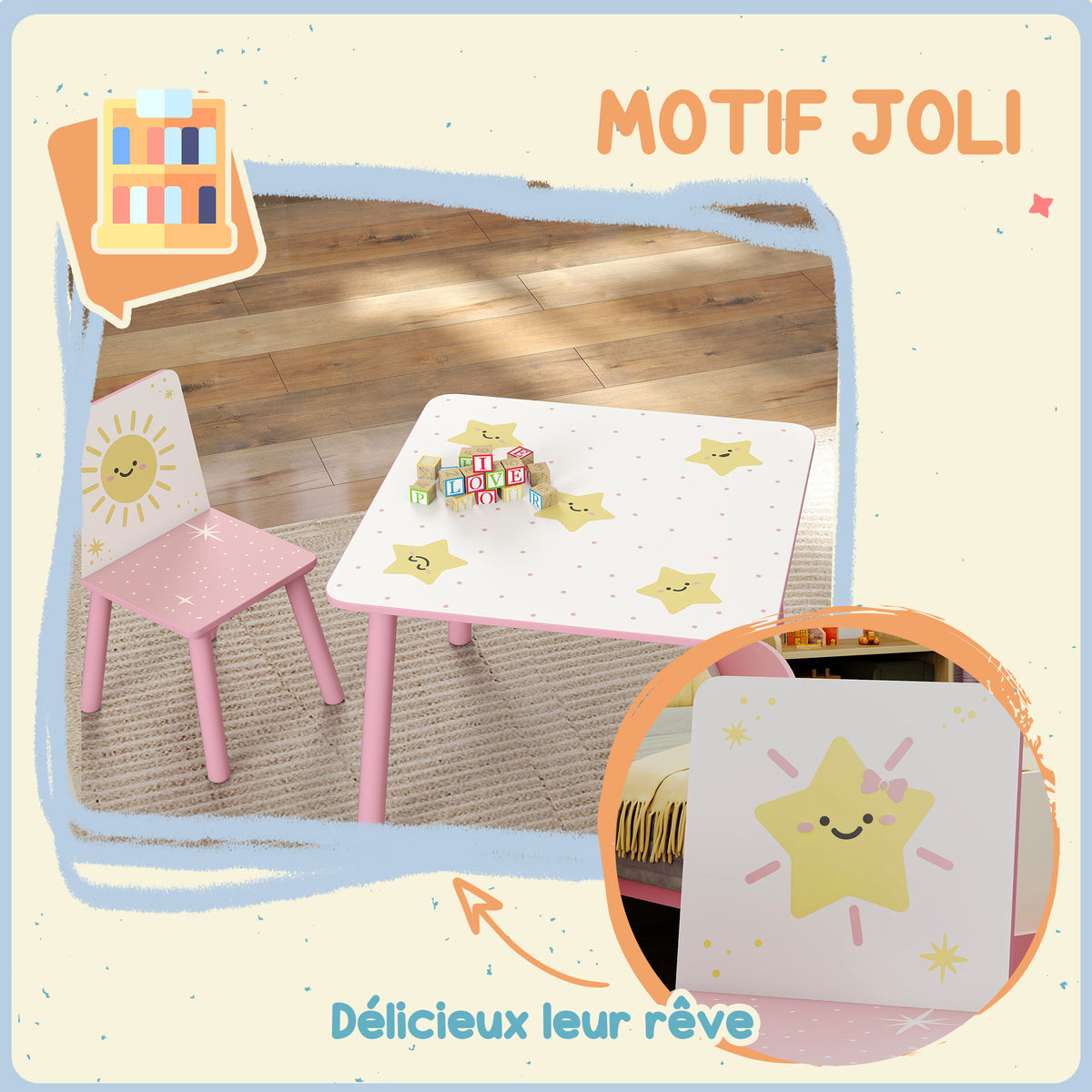 Table enfant avec chaise, ensemble table et 2 chaises enfant en bois, motifs d'étoile, 60 x 60 x 44 cm, rose-4