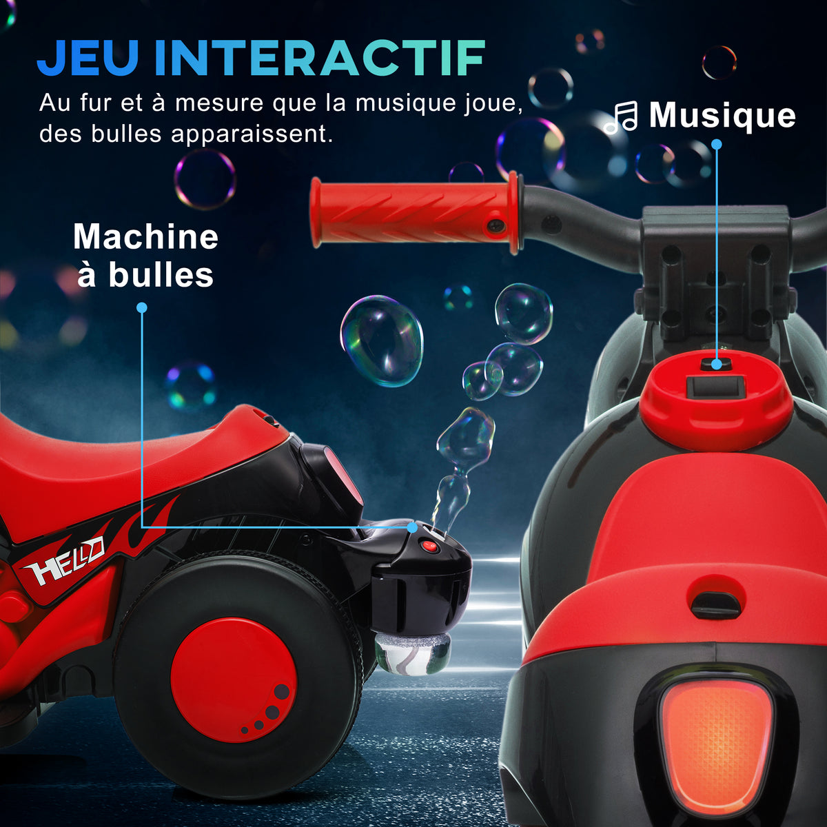 Moto électrique enfants 2-5 ans, 3 roues, 6 V, 3 km/h, avec fonction de bulles, effets lumineux et sonores, rouge-3
