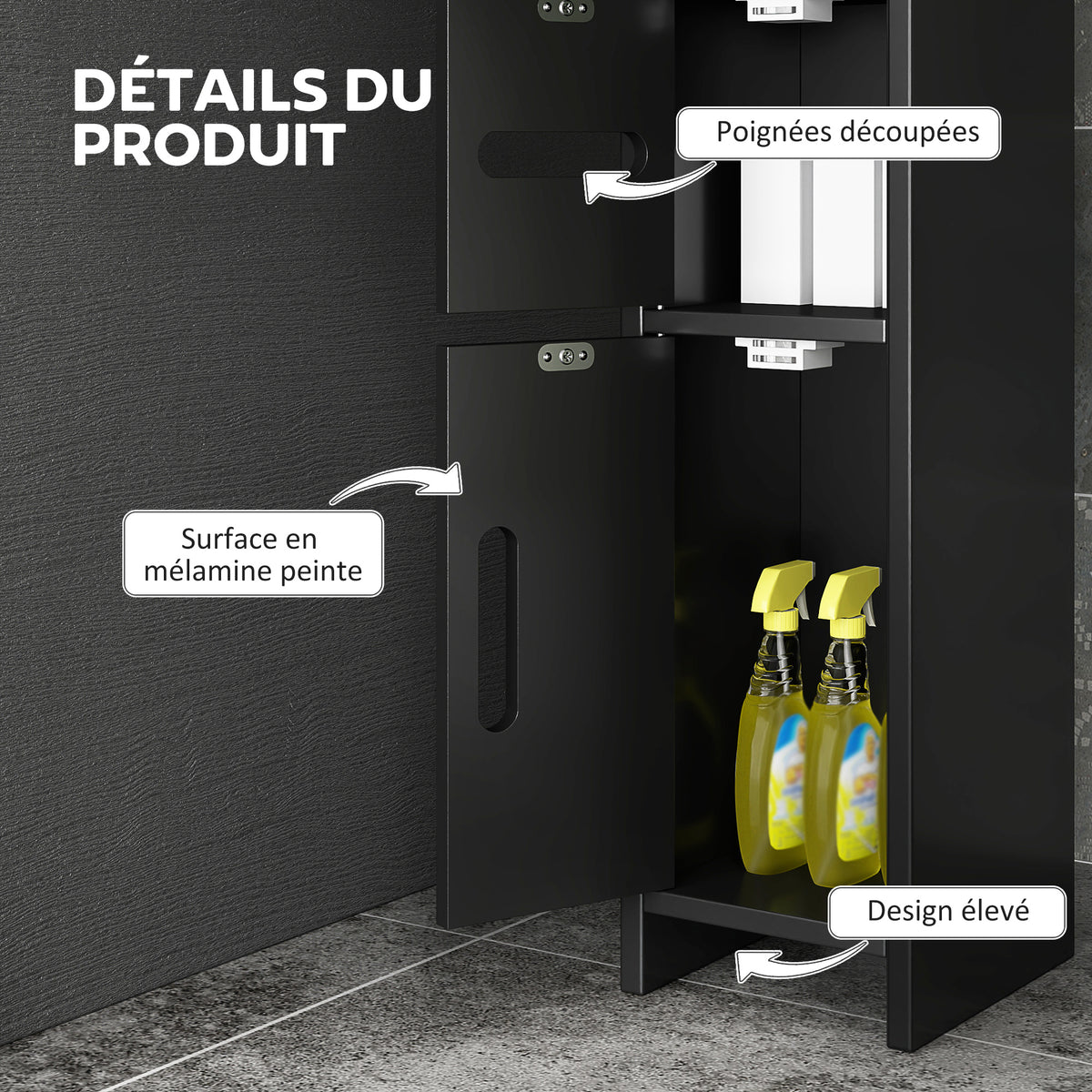 Meuble colonne de salle de bain armoire toilette haute avec étagères et placards - 15 x 17 x 120 cm noir-4