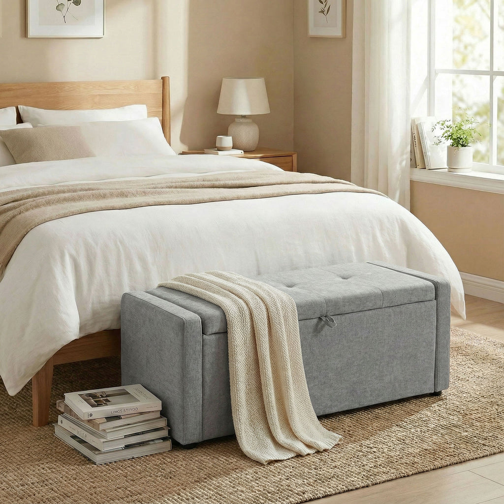Banc de rangement, bout de lit, repose-pieds rembourré en lin avec assise large, 122 x 48 x 44 cm, gris clair-8