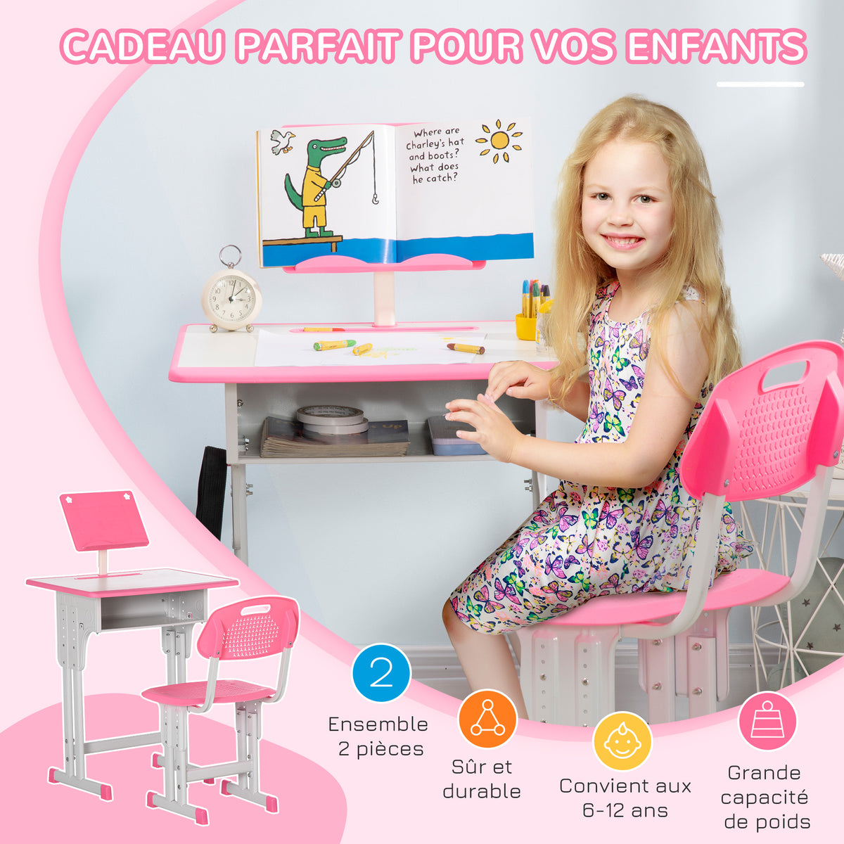 Bureau et chaise pour enfant avec support de lecture casier crochet et porte stylo 60 x 45x 90-102 cm rose-3