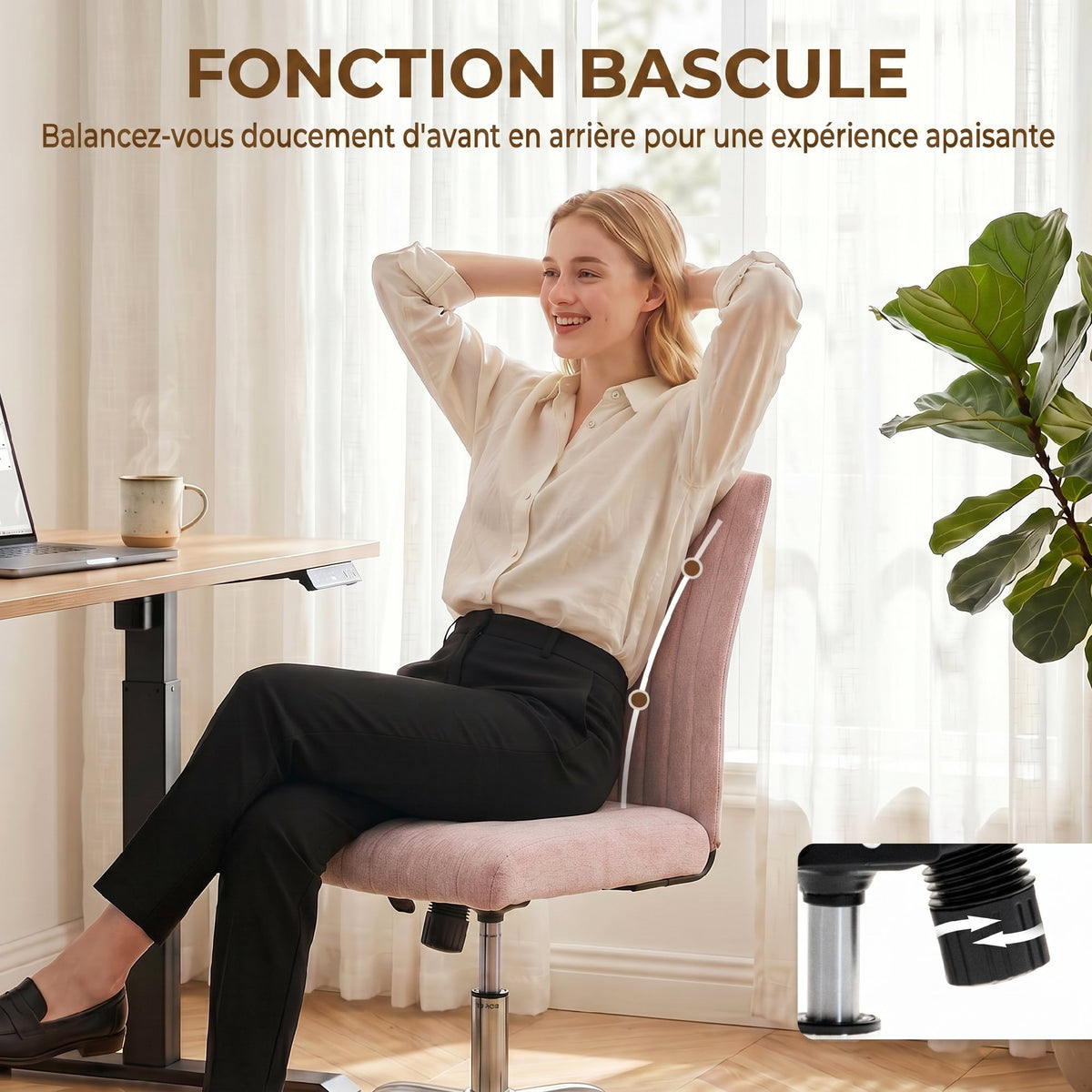 Chaise de bureau sans accoudoirs, fauteuil de bureau, hauteur réglable et pivotant 360°, 43 x 56 x 89-99 cm, rose-4