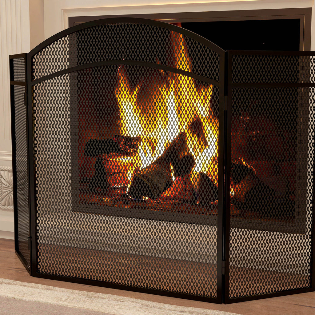 Pare-feu cheminée pliable 3 panneaux pare-étincelles cheminée avec motif en en chevron 96l x 1P x 60H cm métal noir-6