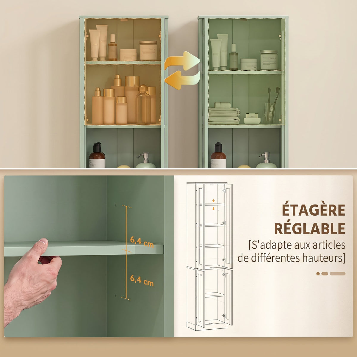 Meuble de Salle de Bain 6 niveaux, Meuble de Rangement avec 4 Portes à Fermeture Douce et Étagères Réglables, Vert-4