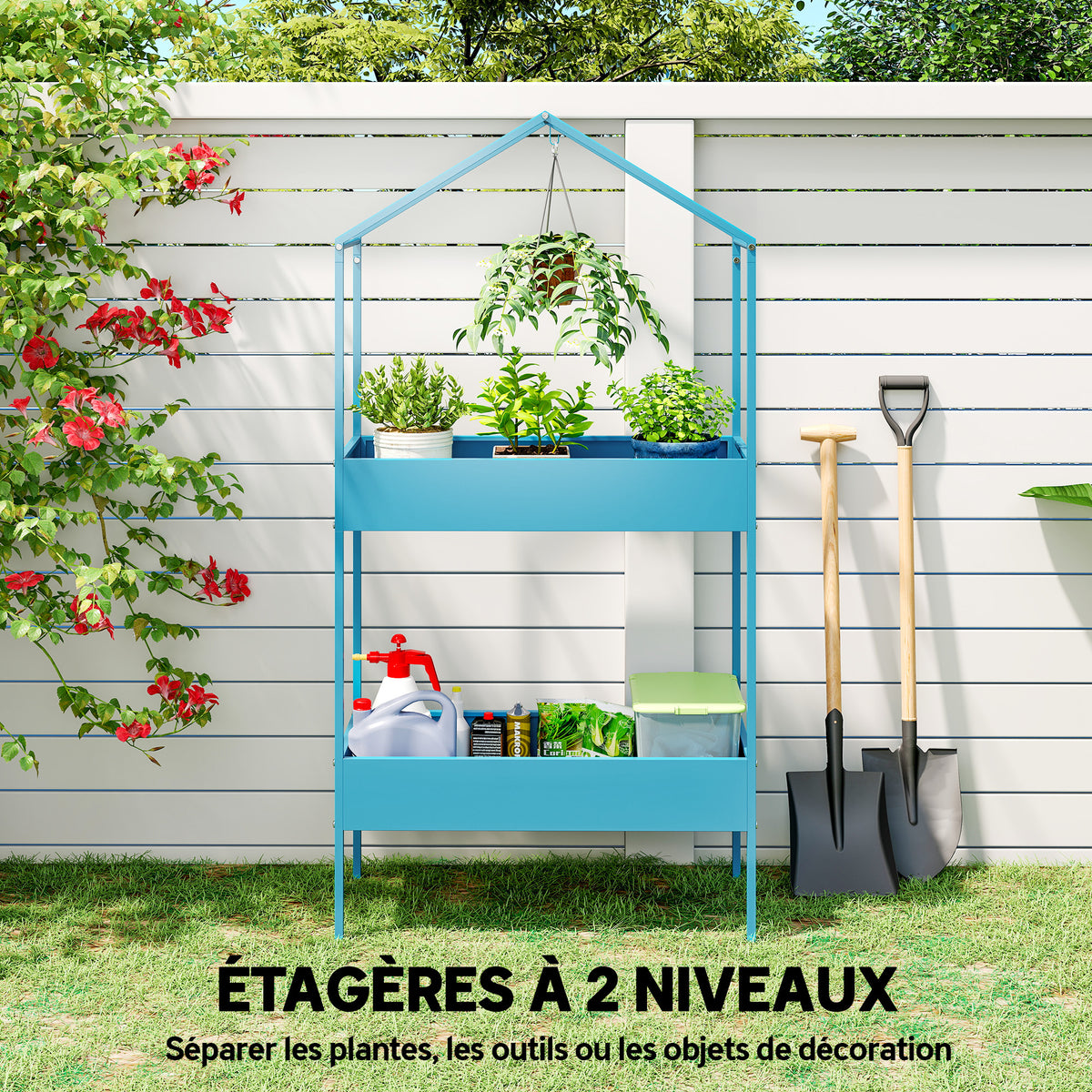 Étagère à Plantes 2 Niveaux, Support de Plantes en Métal avec Crochet, Porte-Pots en Forme de Maison, Bleu-Vert-4