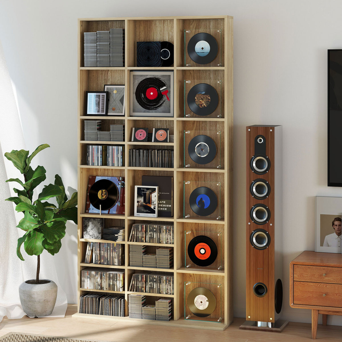 Rangements pour CD et DVD, étagère rangement 1116 CD/528 DVD, 36 compartiments et étagères réglables, chêne-7